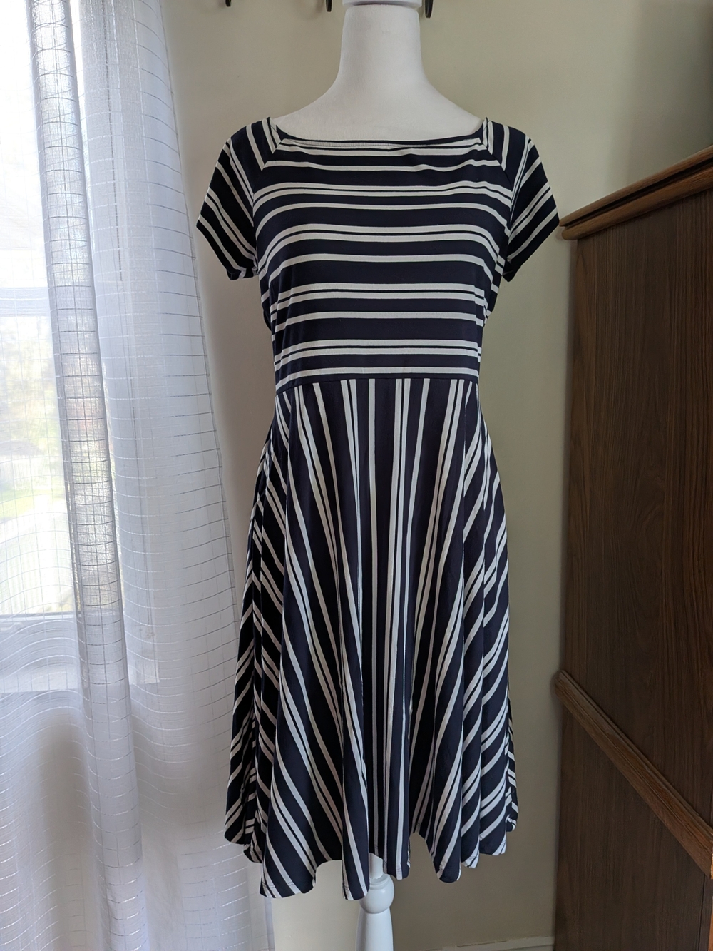 LOFT Navy and White Striped Midi Fit-and-Flare Dress